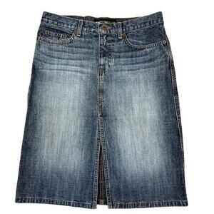 Express Y2K Low Rise Jean Skirt Size 5/6 Faded Denim Knee Length Bareback USA